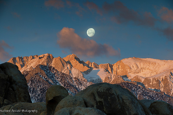 Sunrise and Moonset over Lone Pine Peak; Lone Pine, CA